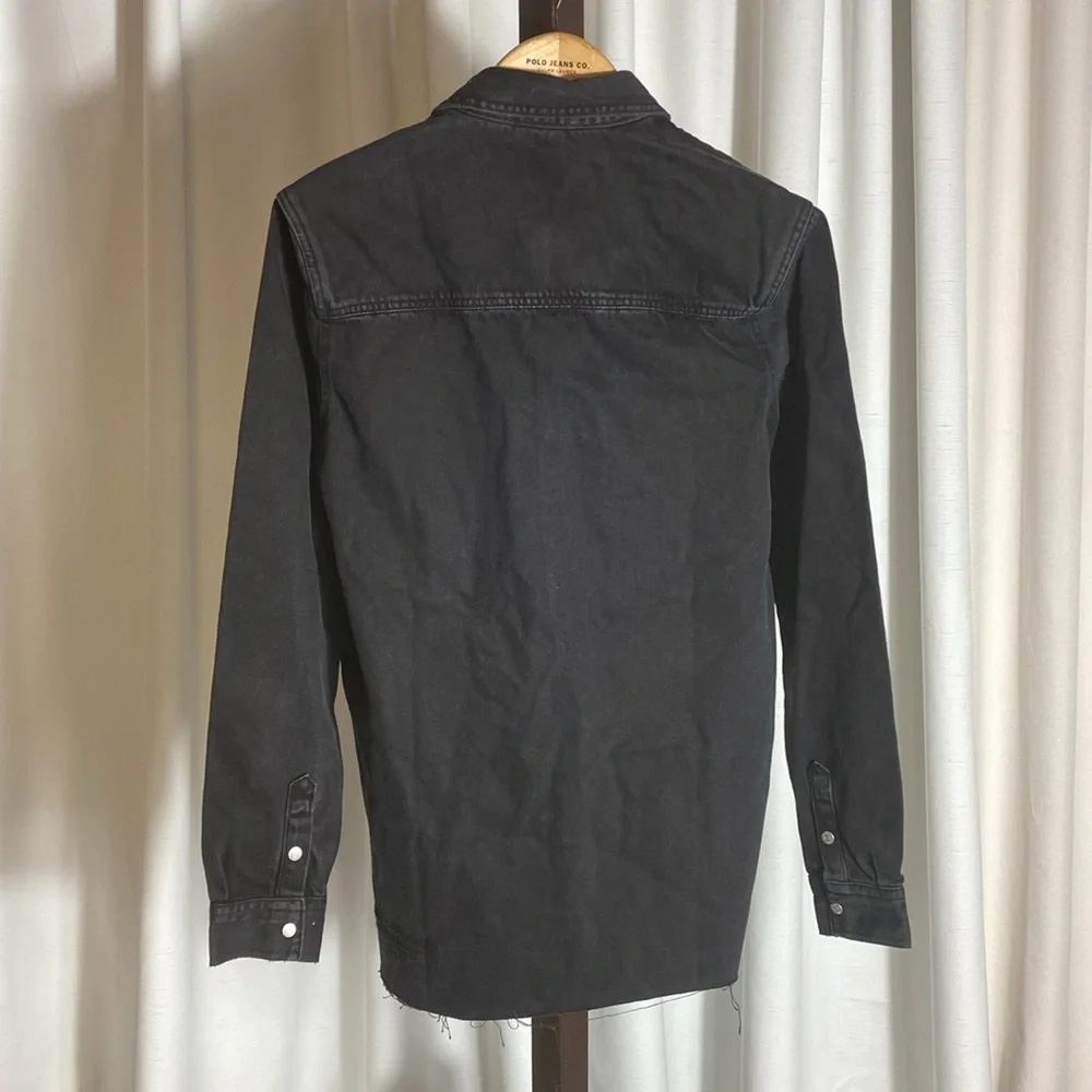 Zara Man Jacket Men Meduim Black Button Down Distressed Relaxed Fit Trucker
